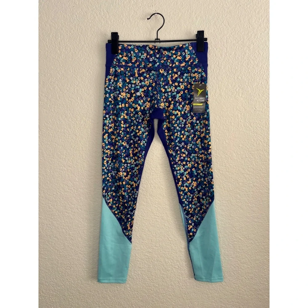 Old Navy Active Leggings L (10-12) New Floral Go-Dry Blue Colorblock Tights